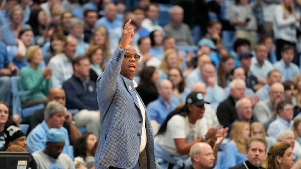 Dec 2, 2023; Chapel Hill, North Carolina, USA; North Carolina Tar Heels head coach Hubert Davis reacts in the first half at Dean E. Smith Center. Mandatory Credit: Bob Donnan-USA TODAY Sports